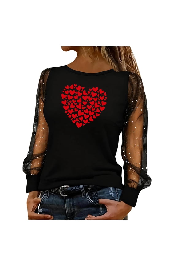 Valentine's Day Top for Women Black Heart Print Sheer Long Sleeve with Glitter Accents Relaxed Fit Pullover Blouse,Size XL