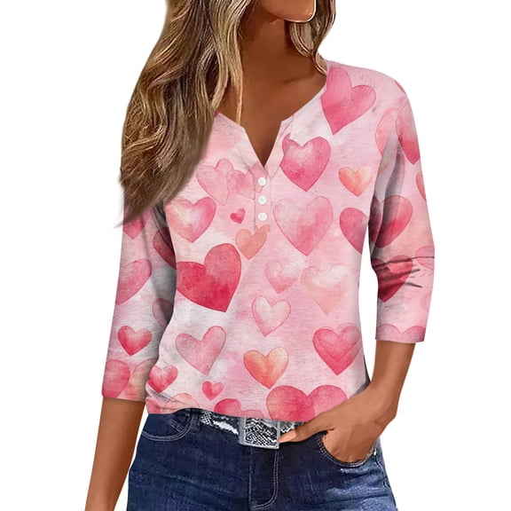 Valentine's Day Tops for Women 3/4 Sleeve Plus Size Love You Patterned Button Down Shirts Graphtic Pink Red Henley V Neck Casual Tees Lovely Heart Gift Letter Printed T-shirts Hot Pink L
