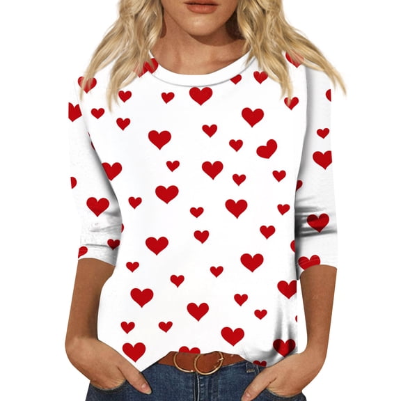 Valentine's Day Tops for Women Crew Neck Love You Patterned Shirts Letter Printed 3/4 Sleeve Plus Size Trendy T-shirts Lovely Heart Ladies Graphtic Pink Red Blouses Hot Pink 2XL