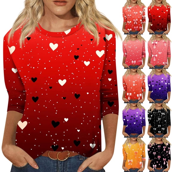 Valentine's Day Tops for Women Crew Neck Lovely Heart Shirts Graphtic Pink Red 3/4 Sleeve Plus Size Spring Tees Letter Printed Romantic Love You Patterned T-shirts Deep Red L