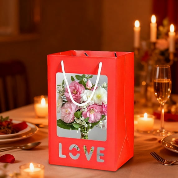 Valentine's Day Transparent Window Flower Tote Bag - Romantic Gift for Girlfriend, Clear Window Design to Display Fresh Flowers, Reusable Handbag for Special Occasions, 9.84*7.09in, Red