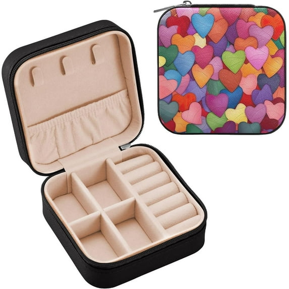 Valentine's Day Travel Jewelry Case,Colorful Love Heart Portable Small Jewelry Box, Necklace Earrings Travel Jewelry PU Leather Box for Women Girl Women Gifts