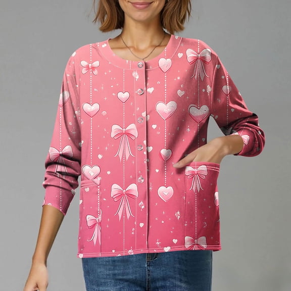 Valentine's Day Trendy Scrub Jackets for Women Funny Love Heart Printed Snap Front Long Sleeve Working Jacket Nurse Uniforms Workwear Shirts with Pockets