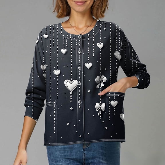 Valentine's Day Trendy Scrub Jackets for Women Long Sleeve Snap Front Valentine Love Heart Printed Jacket Scrubs Jacket Workwear Uniforms with Pockets
