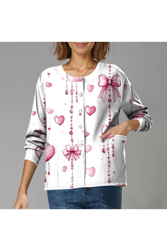 Valentine's Day Trendy Scrub Jackets for Women Long Sleeve Snap Front Valentine Love Heart Printed Jacket Scrubs Jacket Workwear Uniforms with Pockets