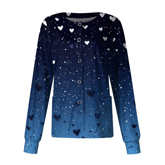 Valentine's Day Trendy Scrub Jackets for Women Snap Front Cute Love Heart Graphic Long Sleeve Scrubs Jacket Working Uniforms with Pockets 2026