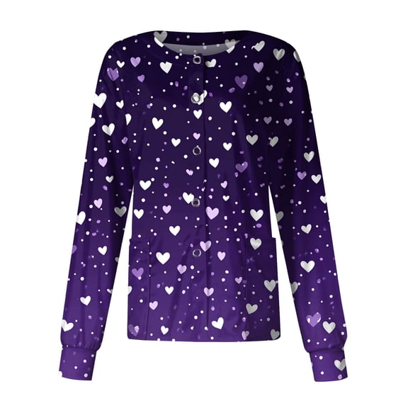 Valentine's Day Trendy Scrub Jackets for Women Snap Front Cute Love Heart Graphic Long Sleeve Scrubs Jacket Working Uniforms with Pockets 2026