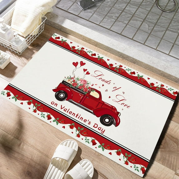 Valentine's Day Truck Door Mat Valentines Welcome Mat for Front Door Red Truckload of Love Rustic Farmhouse Mat Non-slip Washable Seasonal Holiday Floor Mat Indoor Outdoor Valentines Wdding Decor