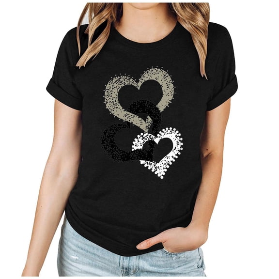 Valentine's Day Tshirt for Women Short Sleeve Crewneck Heart Graphic Print Pullover Top for Romantic Black S