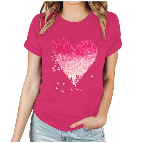 Valentine's Day Tshirt for Women Short Sleeve Crewneck Heart Graphic Print Pullover Top for Romantic Hot Pink-1 L