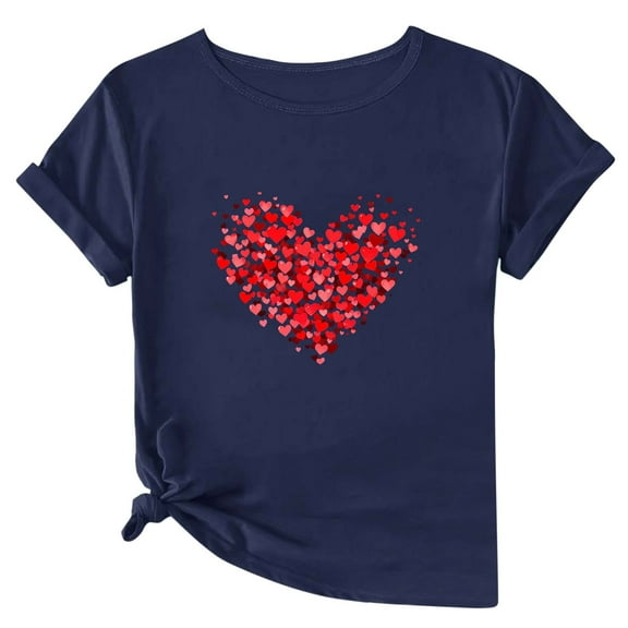 Valentine's Day Tshirts for Women Funny Glitter Heart Shirt Cute Holiday Short Sleeve Crewneck Tops