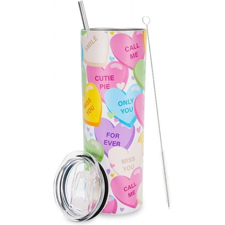Valentine''s Day Tumbler with Lid and Straw Conversation Heart Stainless Steel Cup Colorful Heart Tumbler Cup Travel Coffee Mug for Holiday Decor Gift Supplies