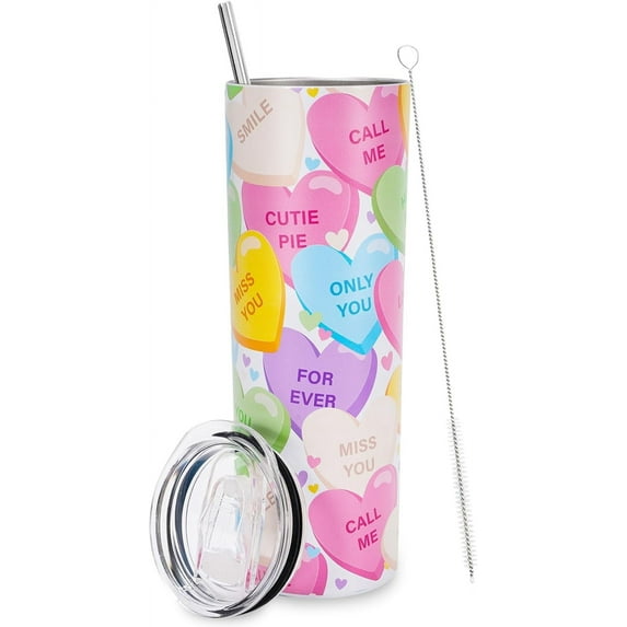 Valentine''s Day Tumbler with Lid and Straw Conversation Heart Stainless Steel Cup Colorful Heart Tumbler Cup Travel Coffee Mug for Holiday Decor Gift Supplies