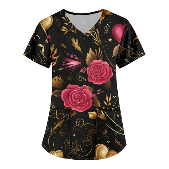 Valentine's Day Under Scrub Tops for Women Love Heart Printed V Neck Breathable Scrub Tops Short Sleeve Professionals Soft Stretch T-Shirts with Pockets hot pink 5X-Large