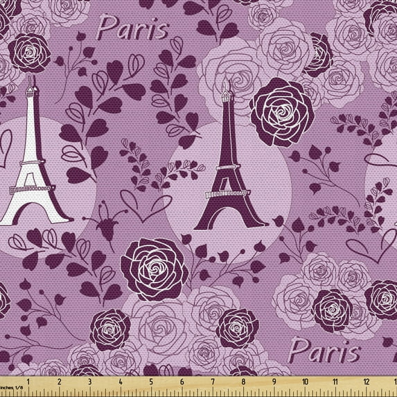 Ambesonne Valentine's Day Fabric by the Yard Upholstery, Paris Love Art, 3 Yards, Pale Fuchsia Plum White