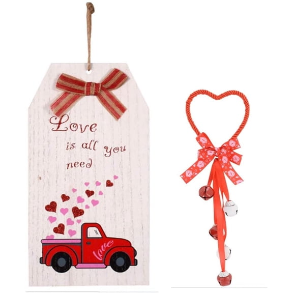 Valentine's Day VDAY Valentine Wedding Sweetest Day Luggage Tag Wall Hanging Dcor" Love is All You Need" and 11 in. Heart-Shaped with Red Bells Decorative Door Knocker