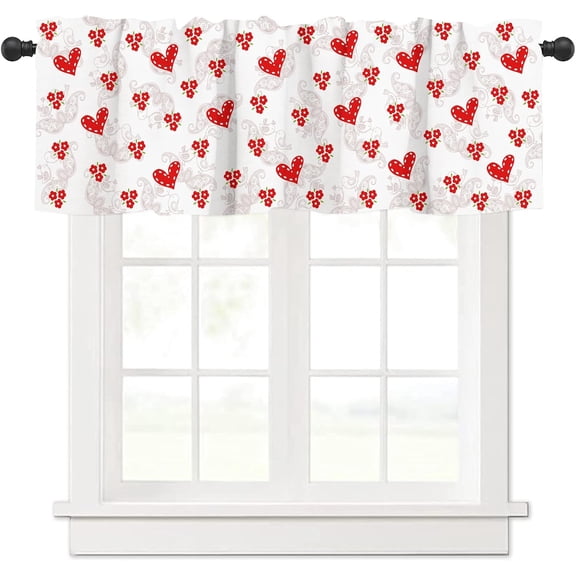 Valentine‘s Day Valance Curtain for Kitchen Windows, Flower Heart Window Valance, Rod Pocket Short Curtain Topper for Valentine Decor, Wedding or Party, 1 Panel 54x18 Inches