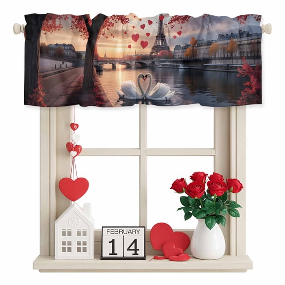 Valentine's Day Valance Curtain for Windows Modern Sweet Swan Couple under Eiffel Tower Red Love Heart Rod Pocket Curtain Valances Short Window Treatment for Kitchen Bathroom Laundry 42 x 12 Inch