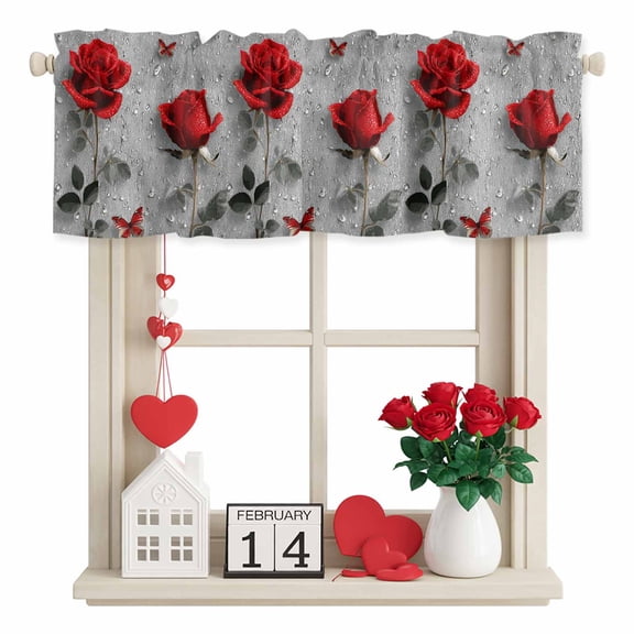 Valentine's Day Valance Curtain for Windows Rainy Romantic Red Roses Floral Plant Butterfly Rod Pocket Curtain Valances Short Window Treatment for Kitchen Bathroom Laundry Room Basement 56 x 16 Inch