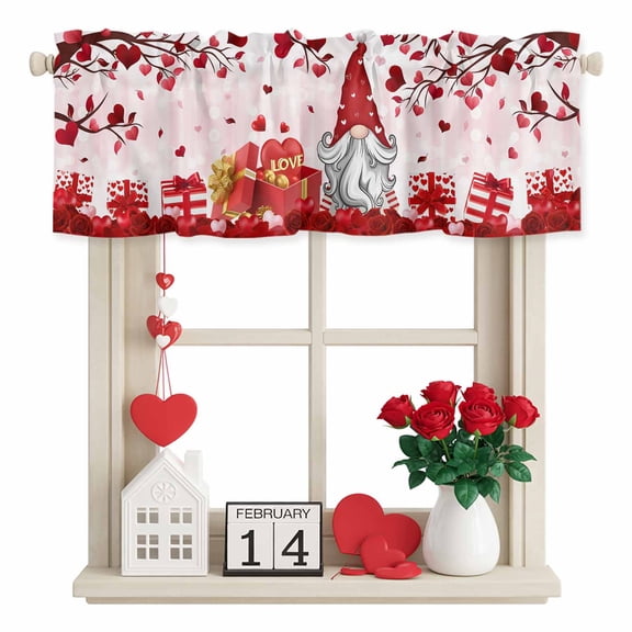 Valentine's Day Valance Curtain for Windows Red Gnome Romantic Rose Box Love Tree Pink Rod Pocket Curtain Valances Short Window Treatment for Kitchen Bathroom Laundry Room Basement 42 x 18 Inch