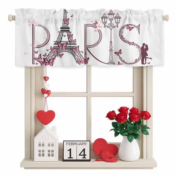 Valentine's Day Valance Curtain for Windows Sweet Couple under Paris Tower Eiffel Pink Butterfly Rod Pocket Curtain Valances Short Window Treatment for Kitchen Bathroom Laundry 60 x 18 Inch