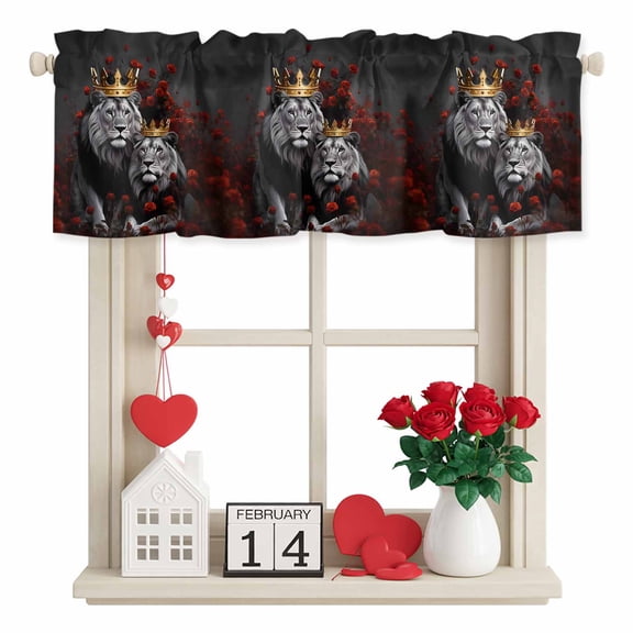 Valentine's Day Valance Curtain for Windows Wild Lion Couple Gold King Queen Red Rose Floral Grey Rod Pocket Curtain Valances Short Window Treatment for Kitchen Bathroom Laundry 54 x 18 Inch