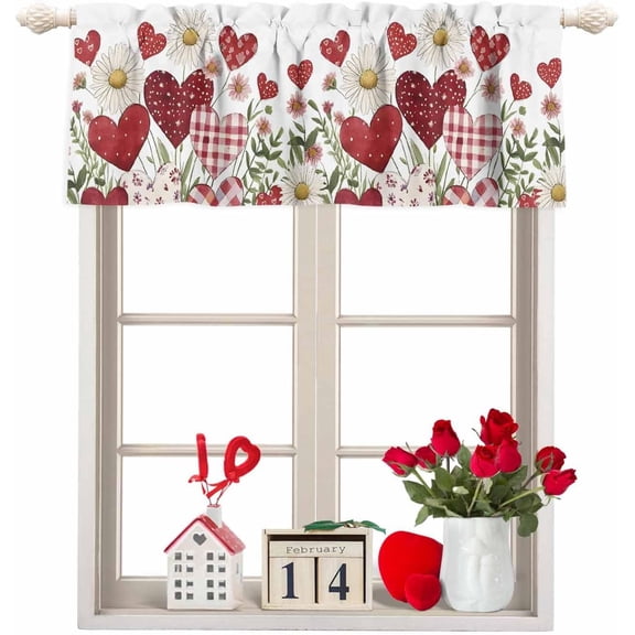 Valentine''s Day Valances for Windows/Bedroom/Living Room/Kitchen/Cafe, Red Buffalo Love Heart Semi Sheer Small Curtain Valance Rod Pocket Daisy Spring Light Window Treatment, 54" x 18"