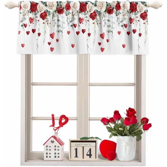 Valentine''s Day Valances for Windows/Bedroom/Living Room/Kitchen/Cafe, Red Love Heart Rose Semi Sheer Small Curtain Valance Rod Pocket Eucalyptus Leaf Light Filtering Treatment, 54" x 18"