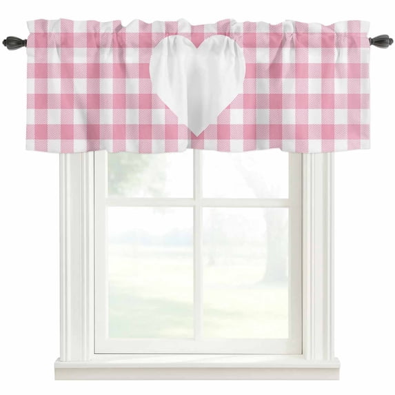 Valentine's Day Valances for Windows Cute Sweet Pink Plaid Love Heart Rod Pocket Curtain Valance Window Treatment Short Curtains for Kitchen Living Room, 42"x18"