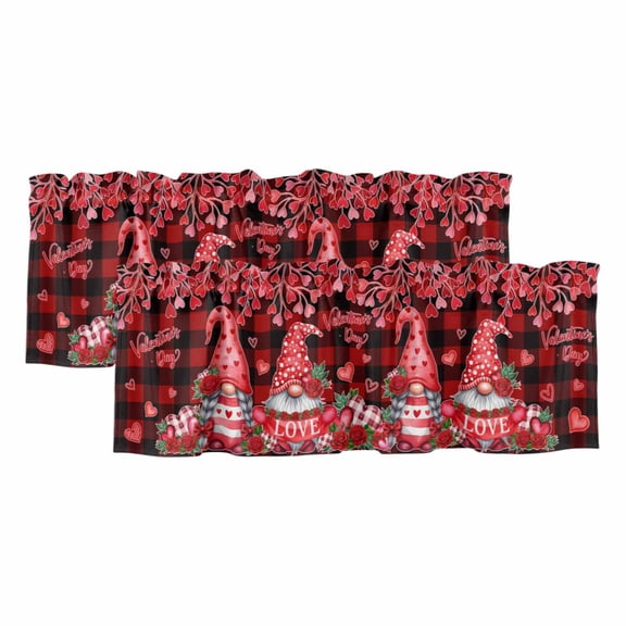 Valentine's Day Valances for Windows, Decorative Rod Pocket Window Valance Curtains, Red Gnomes Lovers Roses Buffalo Plaid Short Curtain Drapes for Kitchen/Living Room, 2 Panels, 42" W x 12" L