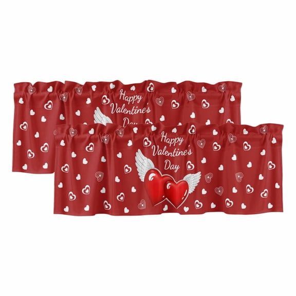 Valentine's Day Valances for Windows, Decorative Rod Pocket Window Valance Curtains, Red Love Wings Romantic Short Curtain Drapes for Kitchen/Bathroom/Living Room, 2 Panels, 42" W x 12" L