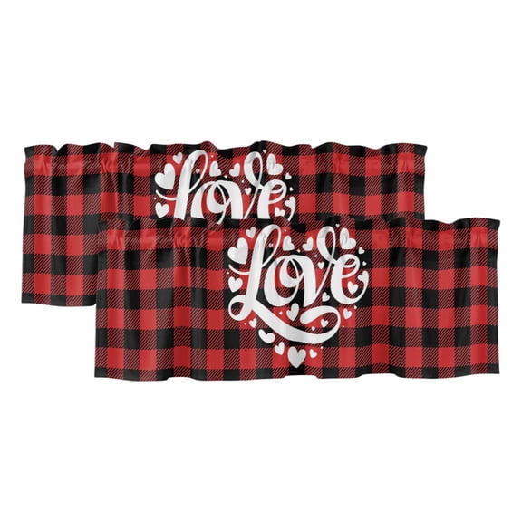 Valentine's Day Valances for Windows, Decorative Rod Pocket Window Valance Curtains, Romantic Love Red Checkered Buffalo Short Curtain Drapes for Kitchen/Bathroom/Living Room, 2 Panels, 42" W x 12" L