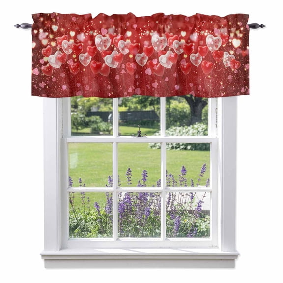 Valentine's Day Valances for Windows, Dreamy Red White Pink Love Heart Balloons Red Sparkle Glitter Valance Window Treatment Rod Pocket Short Curtains Valances for Kitchen Bathroom 60"W x 18"L