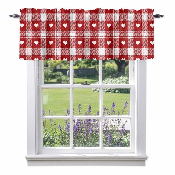 Valentine's Day Valances for Windows, Heart Retro Red Buffalo Plaid Valance Window Treatment Rod Pocket Short Curtains Valances for Kitchen Bathroom 54"W x 18"L