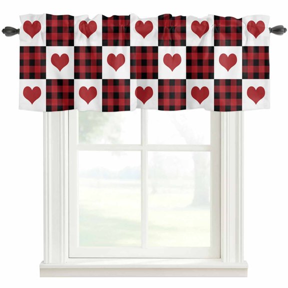 Valentine's Day Valances for Windows Love Heart Retro Red Black Buffalo Plaid Rod Pocket Curtain Valance Window Treatment Short Curtains for Kitchen Living Room, 54"x18"
