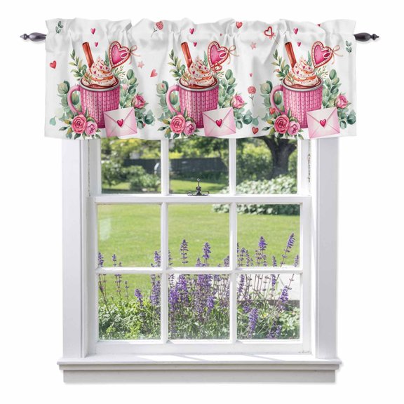 Valentine's Day Valances for Windows, Pink Cappuccino Cup Love Heart Roses Eucalyptus Leaf Letters Valance Window Treatment Rod Pocket Short Curtains Valances for Kitchen Bathroom 54"W x 18"L