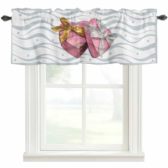 Valentine's Day Valances for Windows Pink Love Bow Charity Box Grey Wave Line Rod Pocket Curtain Valance Window Treatment Short Curtains for Kitchen Living Room, 42"x12"