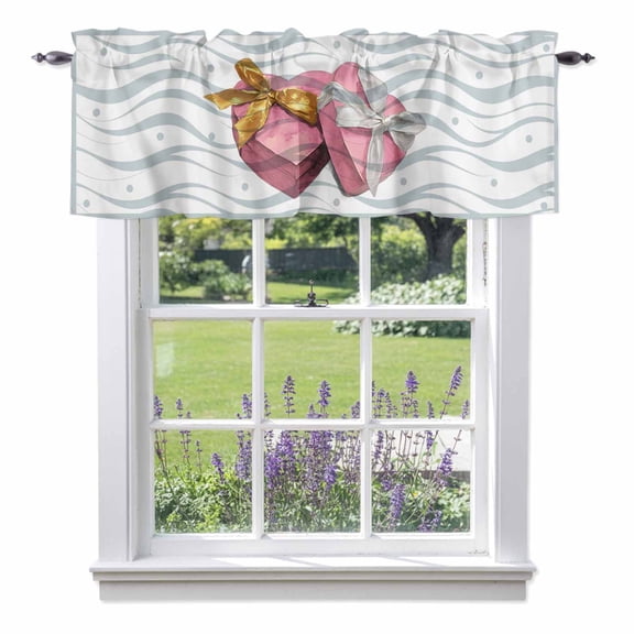 Valentine's Day Valances for Windows, Pink Love Bow Charity Box Grey Wave Line Valance Window Treatment Rod Pocket Short Curtains Valances for Kitchen Bathroom 54"W x 18"L
