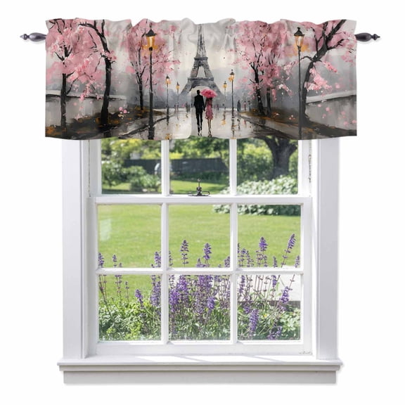 Valentine's Day Valances for Windows, Rainy Couple under Pink Umbrella Paris Eiffel Tower Pink Trees Valance Window Treatment Rod Pocket Short Curtains Valances for Kitchen Bathroom 60"W x 14"L
