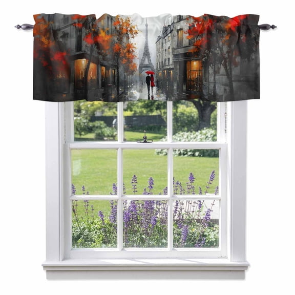 Valentine's Day Valances for Windows, Rainy Couple under Red Umbrella Paris Eiffel Tower Maple Leaf Valance Window Treatment Rod Pocket Short Curtains Valances for Kitchen Bathroom 56"W x 16"L
