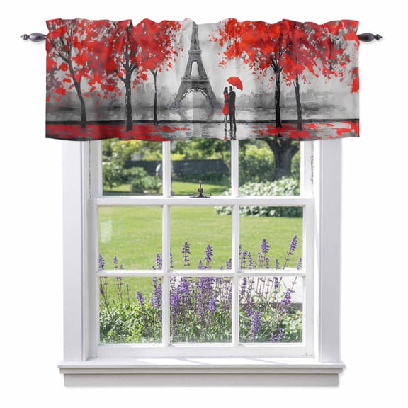 Valentine's Day Valances for Windows, Rainy Couple under Red Umbrella Paris Eiffel Tower Red Trees Valance Window Treatment Rod Pocket Short Curtains Valances for Kitchen Bathroom 60"W x 18"L