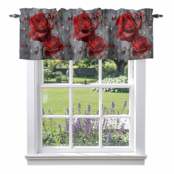 Valentine's Day Valances for Windows, Rainy Romantic Diamonds Red Roses Floral Butterfly Valance Window Treatment Rod Pocket Short Curtains Valances for Kitchen Bathroom 56"W x 16"L