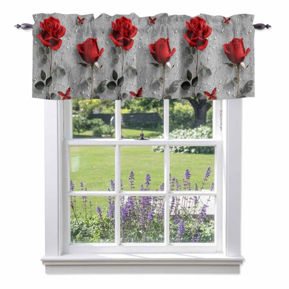 Valentine's Day Valances for Windows, Rainy Romantic Red Roses Floral Plant Butterfly Valance Window Treatment Rod Pocket Short Curtains Valances for Kitchen Bathroom 60"W x 14"L