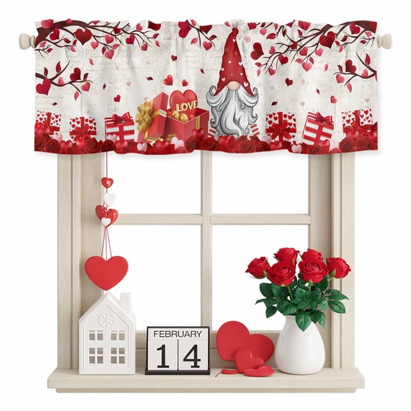 Valentine's Day Valances for Windows, Red Gnome Romantic Rose Box Love Tree Beige Rod Pocket Valance Short Window Treatments Curtains for Kitchen Bathroom Bedroom Decor, 42 x 12 Inches