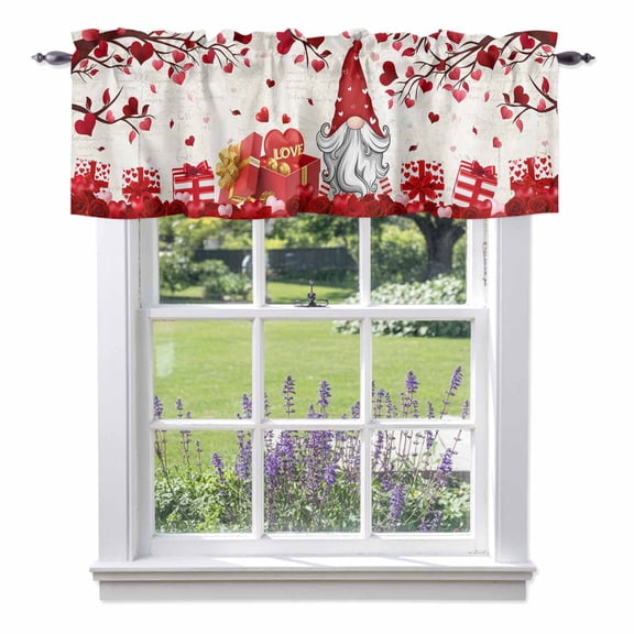 Valentine's Day Valances for Windows, Red Gnome Romantic Rose Box Love Tree Beige Valance Window Treatment Rod Pocket Short Curtains Valances for Kitchen Bathroom 42"W x 12"L