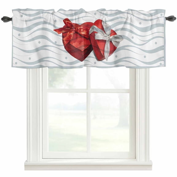 Valentine's Day Valances for Windows Red Love Bow Charity Box Grey Wave Lines Rod Pocket Curtain Valance Window Treatment Short Curtains for Kitchen Living Room, 42"x12"