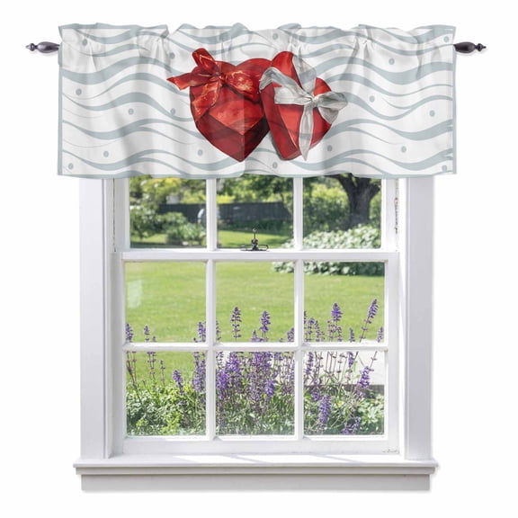Valentine's Day Valances for Windows, Red Love Bow Charity Box Grey Wave Lines Valance Window Treatment Rod Pocket Short Curtains Valances for Kitchen Bathroom 60"W x 14"L