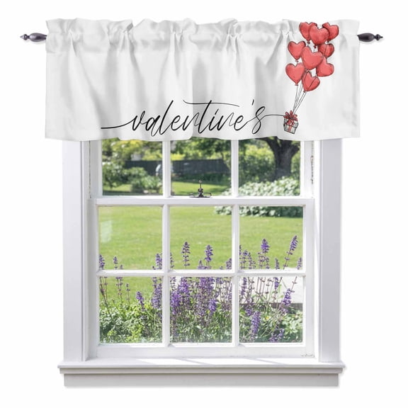 Valentine's Day Valances for Windows, Red Love Heart Balloons Gift Cartoon Modern Valance Window Treatment Rod Pocket Short Curtains Valances for Kitchen Bathroom 54"W x 18"L