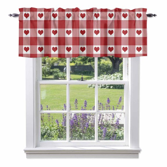Valentine's Day Valances for Windows, Red Loving Heart Red Plaid Check Valance Window Treatment Rod Pocket Short Curtains Valances for Kitchen Bathroom 54"W x 18"L