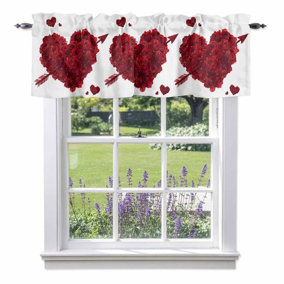 Valentine's Day Valances for Windows, Red Rose Flower Love Heart Arrow Decoration Valance Window Treatment Rod Pocket Short Curtains Valances for Kitchen Bathroom 42"W x 12"L